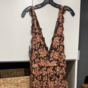 Floral V-Neck Ruffled Maxi Dress - Brown Floral